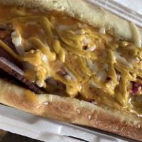 Bacon Dog · Mustard, cheese, onions and bacon.