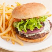 California Burger · Ground steak, romaine, tomato, monterey jack, grilled onions, garlic mayo and Dijon.