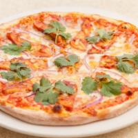 Bbq Chicken Pizza · Grilled BBQ chicken breast, mozzarella, smoked Gouda, red onions, tomato sauce, fresh cilant...