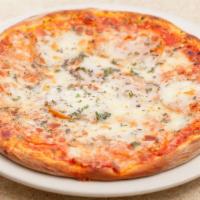Margherita Pizza · Fresh mozzarella, mozzarella, roma tomato, fresh basil and garlic.