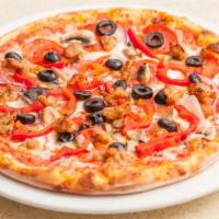 The Works Pizza · Pepperoni, Italian sausage, mushrooms, onions, bell peppers, olives, mozzarella and tomato s...