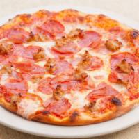 Meat & More Meat Pizza · Genoa salami, black forest ham, Italian sausage, pepperoni, mozzarella and tomato sauce.