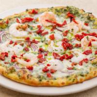 (2) Shrimp & Pesto Pizza · Large shrimp, sun-dried tomato, roasted garlic, red onion, mozzarella, fresh Italian herbs.