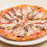 Goat Cheese & Eggplant Pizza · Goat cheese, roasted eggplant, roasted peppers, red onions, mozzarella, tomato sauce, fresh ...