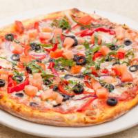 (2) New York Veggie Pizza · Mushrooms, red onions, bell peppers, olives, garlic, fresh tomato, Italian herbs, mozzarella...
