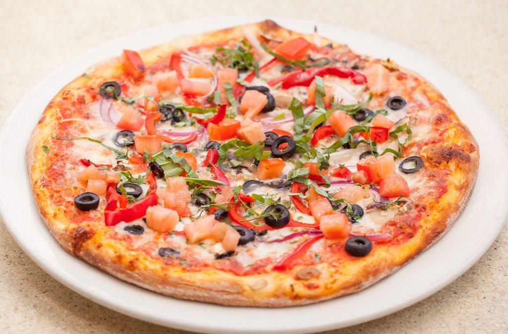New York Veggie Pizza · Mushrooms, red onions, bell peppers, olives, garlic, fresh tomato, Italian herbs, mozzarella with tomato sauce.