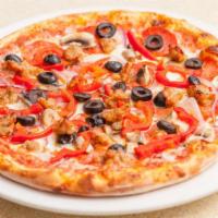 (2) The Works Pizza · Pepperoni, Italian sausage, mushrooms, onions, bell peppers, olives, mozzarella and tomato s...
