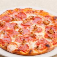 (2) Meat & More Meat Pizza · Genoa salami, black forest ham, Italian sausage, pepperoni, mozzarella and tomato sauce.