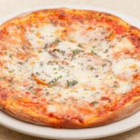 (2) Margherita Pizza · Fresh mozzarella, mozzarella, roma tomato, fresh basil and garlic.