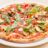 (2) Grilled Vegetarian Pizza · Goat cheese, roasted eggplant, roasted peppers, red onions, mozzarella, tomato sauce, fresh ...