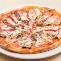 (2) Goat Cheese & Eggplant Pizza · Goat cheese, roasted eggplant, roasted peppers, red onions, mozzarella, tomato sauce, fresh ...