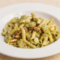 Penne Sonata · Grilled chicken breast, artichokes, sun-dried tomatoes with pesto cream sauce and Parmesan.