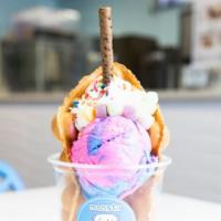 Unicorns Are Real · Cotton Candy ice cream, rainbow mochi, whip cream, sprinkles, topped with a chocolate wafer ...