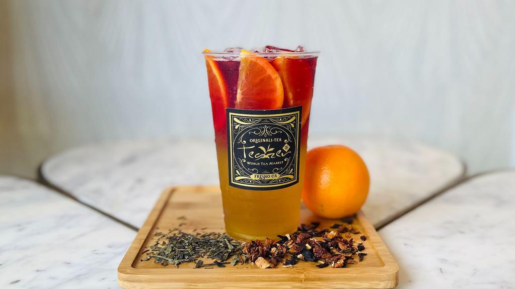 Vanilla Sky · A tangerine green tea with fresh oranges, peach and vanilla flavoring; topped with a OGV fruit tea.