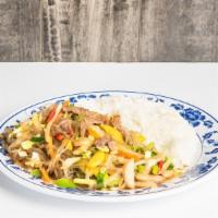Rice With Stir-Fried Glass Noodle (잡채밥) · Spicy. Stir-Fried Glass Noodle with Veggie (Glass Noodle, Carrot, Bell Pepper, Onion, Mushro...