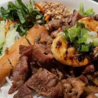 Combination Bún (Bún Đậc Biết) · Grilled chicken & pork, onion wrapped beef, egg roll & shrimp