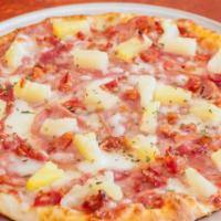 Hawaiian · Tomato sauce, mozzarella, Canadian-style bacon, sweet pineapple & sprinkled with real bacon.