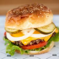 Angus Beef · 1/3 lb patty, House Sauce, Leaf Lettuce, Tomato, Pickles, Shaved Onions, and American Cheese
