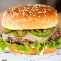 Spanish Beef · 1/3 lb patty, Habanero Aioli,Grilled Jalapenos, Leaf Lettuce, and Pepper Jack Cheese