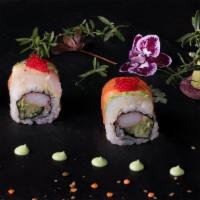 Rainbow Roll · Crab meat, Avocado and Cucumber Inside, Tuna, Salmon, Yellowtail and Fluke on Top.
