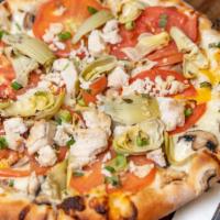 Garlic Chicken (Gourmet) · White sauce, Mozzarella and Cheddar cheese, mushrooms, tomatoes, chicken, green onions, fres...