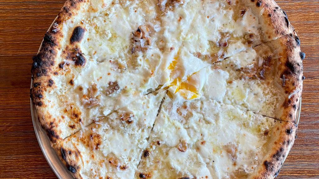 Thin - Carbonara · Garlic Oil, Mascarpone Cheese, Mozzarella, Pancetta, Sunny Egg, Cracked Black Pepper, Pecorino Romano