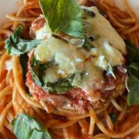 Chicken Parmesan · Spaghetti, San Marzano Tomato Sauce, Hand Breaded Fried Chicken, Mozzarella, Basil, Shaved P...