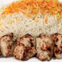 Chicken Kabab · White meat Chicken marinated, skewered on open flame fire. Served with premium basmati rice,...