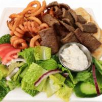 Classic Gyro Fries Plate · Original Greek Classic Gyro Fries with Beef Lamb Gyro slice meat, curly fries, pita, salad (...