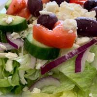 Greek Salad · Original Greek Salad with romaine, iceberg lettuce, tomato, onion, kalamata olives, cucumber...