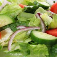 Side Salad · Side salad, romaine, iceberg lettuce, cucumber, tomatoes, and onion. served with choice of o...