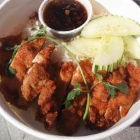Cluck 'N Rice Plate · Crispy fried chicken served with white rice, choice of house made sauce and a side of spicy ...