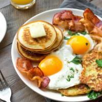 Mix Breakfast · 3 farm fresh eggs, 2 strips of crispy bacon, 2 sausages, and juicy ham, served with a side o...