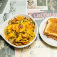 Jambalaya Skillet · A bed of country potatoes, topped with scrambled eggs mixed with spicy hot link, bell pepper...