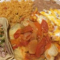 Combo Perfecto · One Taco, One Enchilada, One Tamale, and One Chile Relleno Served with rice and beans.