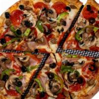 The Works · Pizza sauce, mozzarella cheese, ham, pepperoni, sausage, mushroom, onion, bell peppers & bla...