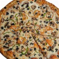 Veggie · Pizza sauce, mozzarella cheese, mushroom, onion, bell peppers, black olives & tomato.
