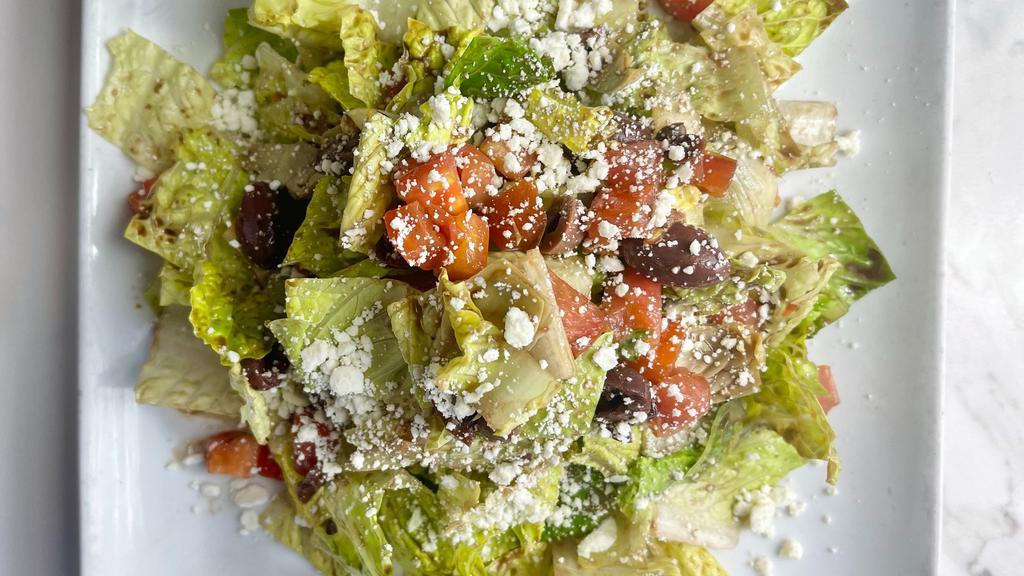 Mediterraneo Salad · Romaine lettuce, olives, artichoke hearts and feta cheese with balsamic dressing.