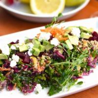 Organic Kale & Quinoa Chopped Salad (Gluten-Free) · Marinated organic kale, chopped grilled vegetables, goat cheese, roasted beets, avocado, gre...