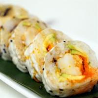 Lobster Roll · Baked lobster mayo rolled with smelt eggs and avocado.