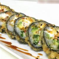 The Submarine · Spicy level one. Shrimp tempura, crab salad, avocado, fresh jalapeño and cream cheese inside...