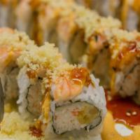 Super Crunchy Roll (1) · shrimp tempura , crab salad , avo 
topping with cooked shrimp ,
tempura flake