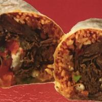 Carnitas Burrito  · Rice, beans, meat, cheese, lettuces, tomatoes, onions, cilantro and sour cream
