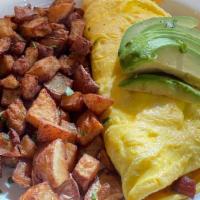 Basecamp Omelette · Three eggs, Cheddar, spinach, avocado, tomato, mushroom, wheat toast, bacon and hash browns.