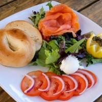 Smoked Salmon & Toasted Bagel · With tomato, capers, red onion, cream cheese.