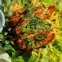 Bbq Chicken Salad · Grilled breast of chicken tossed in our BBQ sauce, green romaine, avocado, hard boiled egg, ...