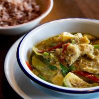 Green Curry · Thai style spicy curry with green Thai chiles, shrimp paste, kaffir lime, coconut milk, Thai...