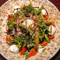 Roasted Vegetable & Whipped Goat Cheese Salad · Asparagus, broccoli, red bell peppers, heirloom carrots, whipped goat cheese.
