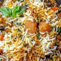 Hyderabad Veg Dum Biryani · A mixture of aromatic basmati rice, mixed vegetables, Indian herbs and our famous Hyderabadi...