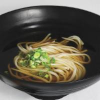 Plain Udon · Hot udon broth made from kelp and bonito and topped with green onion.